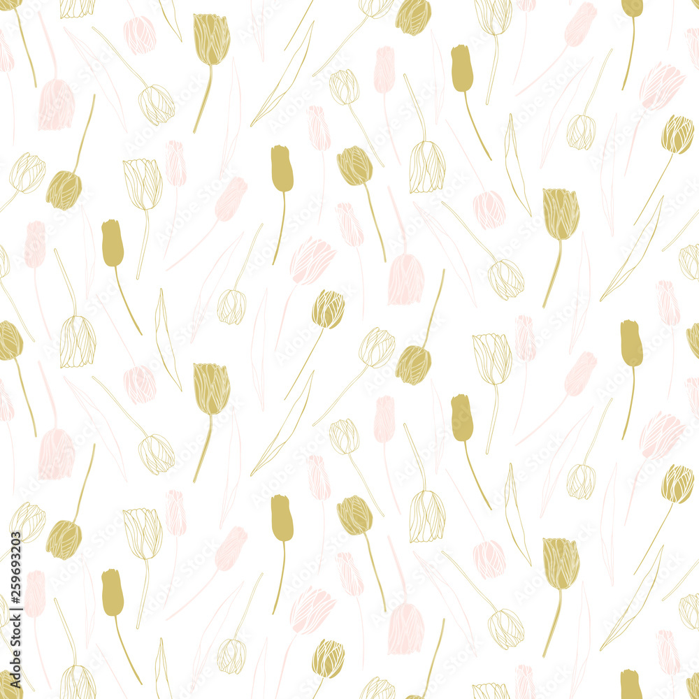 Vector floral seamless pattern with hand drawn tulips. Background with pastel colored flowers and leaves outlines. Vector floral seamless pattern with hand drawn tulips. Background with pastel colored flowers and leaves outlines.