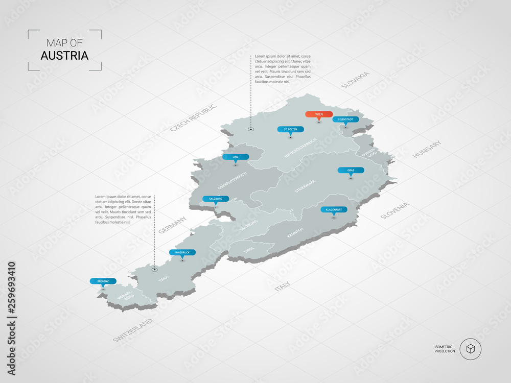 Obraz premium Isometric 3D Austria map. Stylized vector map illustration with cities, borders, capital, administrative divisions and pointer marks; gradient background with grid. 