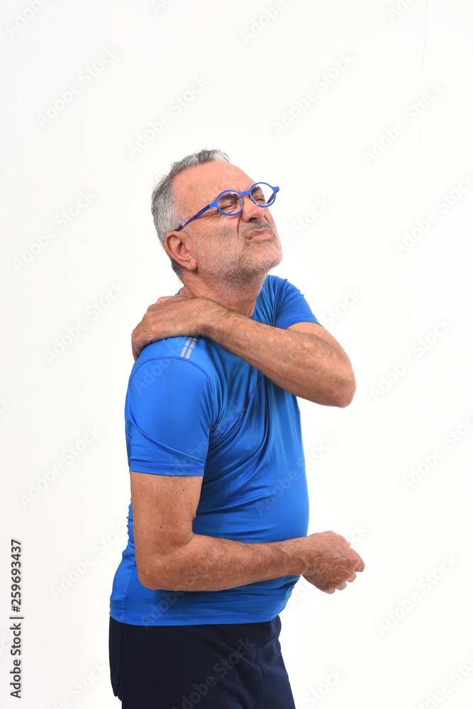 man with pain on shoulder on white background man with pain on shoulder on white background