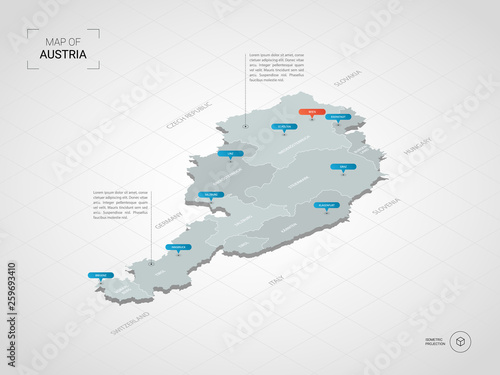 Isometric 3D Austria map. Stylized vector map illustration with cities, borders, capital, administrative divisions and pointer marks; gradient background with grid. 