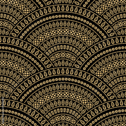 Abstract seamless geometrical folk wavy background from golden and black fan shaped ornate feathers, waves with ethnic patterns. Fish scale. Batik painting. Oriental textile print. Art deco wallpaper