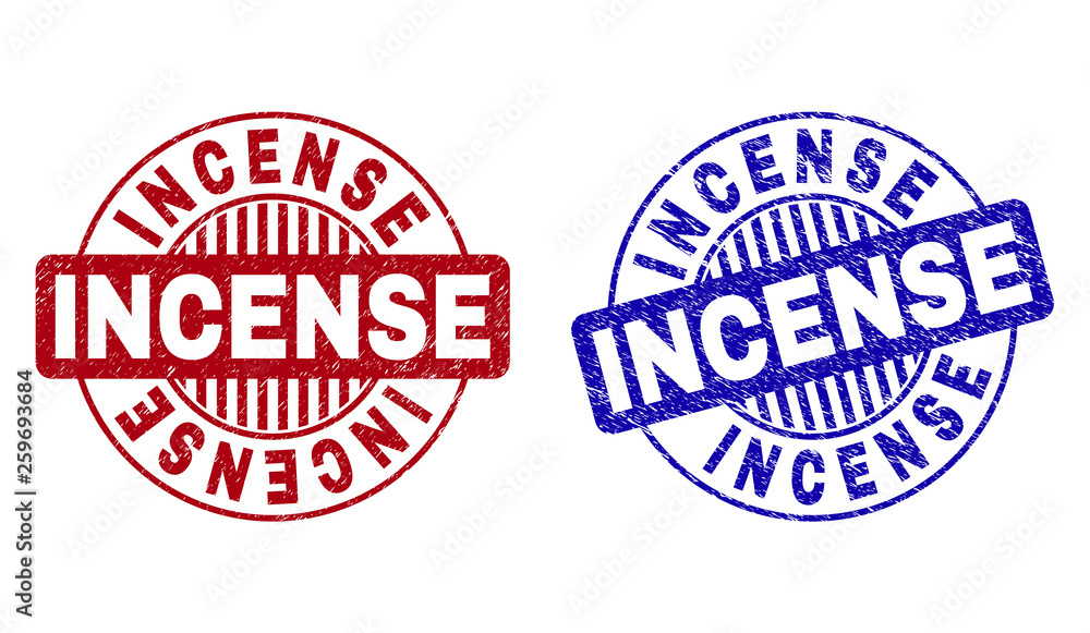 Grunge INCENSE round stamp seals isolated on a white background. Round seals with distress texture in red and blue colors. Vector rubber overlay of INCENSE tag inside circle form with stripes. Grunge INCENSE round stamp seals isolated on a white background. Round seals with distress texture in red and blue colors. Vector rubber overlay of INCENSE tag inside circle form with stripes.