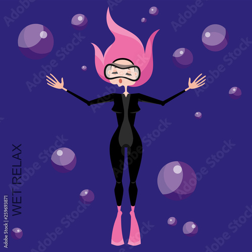 The character of the diver in the blue sea. A young girl with pink hair swims under water in a wetsuit, flippers and a mask. Vector illustration in cartoon style.