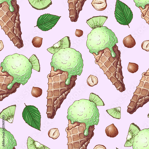 Seamless pattern ice cream nuts kiwi. Hand drawing. Vector illustration
