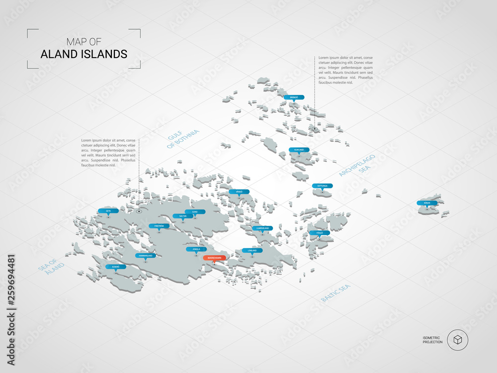 Isometric  3D Aland Islands map. Stylized vector map illustration with cities, borders, capital, administrative divisions and pointer marks; gradient background with grid. 