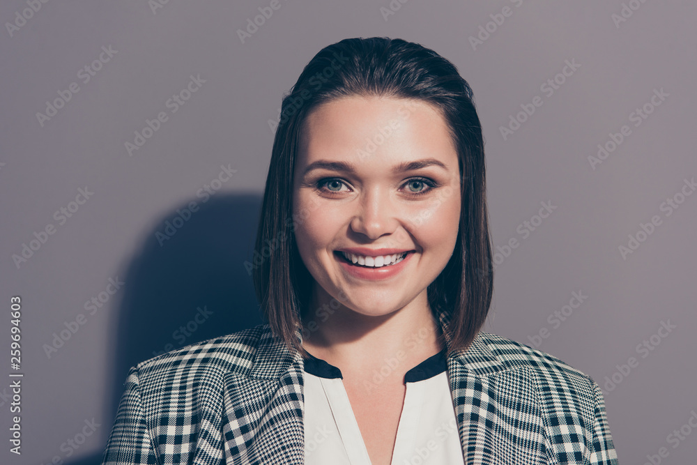 Close-up portrait of her she nice beautiful attractive classy cheerful cheery lady wearing checked blazer top manager isolated over gray violet purple pastel background Close-up portrait of her she nice beautiful attractive classy cheerful cheery lady wearing checked blazer top manager isolated over gray violet purple pastel background