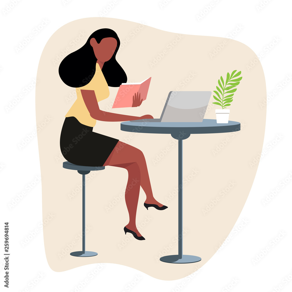 woman reading a book with computer concept
