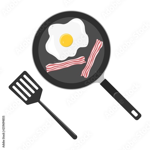 Fried egg and bacon in a frying pan with equipment for cooking. Breakfast food cartoon. Cooking foods. Scrambled eggs. Top view.