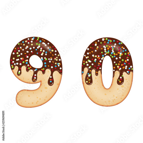 Tempting typography. Font design. 3D donut numbers nine and zero,  glazed with chocolate cream and candy