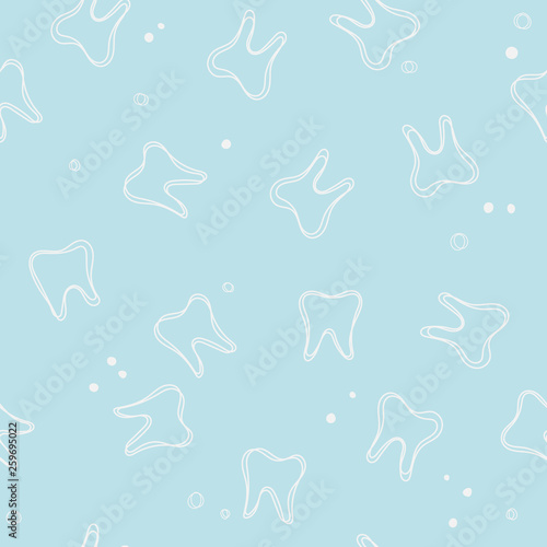 Soft vector seamless dental pattern. Cute blue background with white teeth and dots for dental, oral medicine design.
