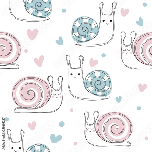 Seamless pattern with cute snail hearts. Pink and blue snails. Vector hand drawn illustration. Fashion kids print.