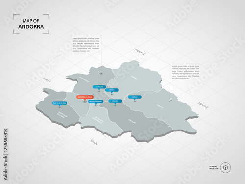 Isometric 3D Andorra map. Stylized vector map illustration with cities, borders, capital, administrative divisions and pointer marks; gradient background with grid. 