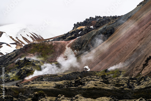 Landscape of Landmannalaugar surreal nature scenery in highland of Iceland, Nordic, Europe. Beautiful colorful snow mountain terrain famous for summer trekking adventure and outdoor walking. photo