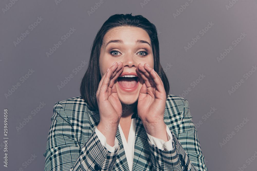 Closeup photo image portrait of noisy pretty beautiful she her office employer holding hands cupped near opened mouth isolated grey background Closeup photo image portrait of noisy pretty beautiful she her office employer holding hands cupped near opened mouth isolated grey background
