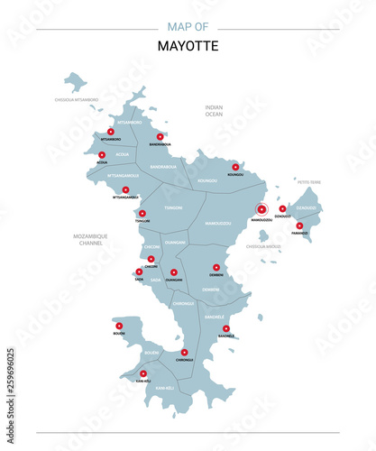 Mayotte vector map. Editable template with regions  cities  red pins and blue surface on white background.