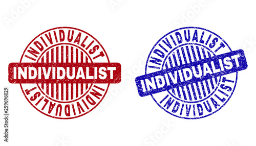 Grunge INDIVIDUALIST round stamp seals isolated on a white background. Round seals with distress texture in red and blue colors.