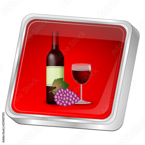 Button with wine bottle, a glass of wine and Grapes - 3D illustration
