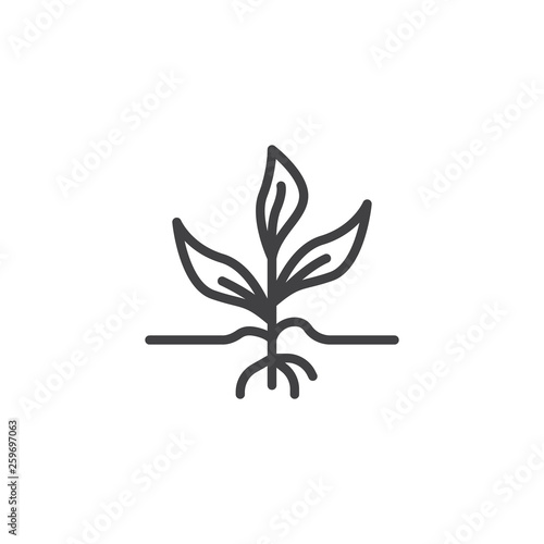 Sprout growing out from soil line icon. linear style sign for mobile concept and web design. Growing plant with root outline vector icon. Gardening, agriculture symbol logo illustration. Pixel perfect