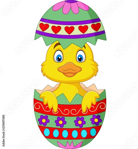 Cartoon duckling come out from an Easter egg