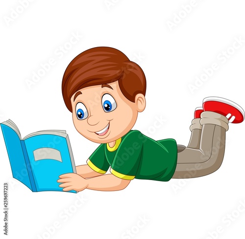 Cartoon boy laying down and reading a book  