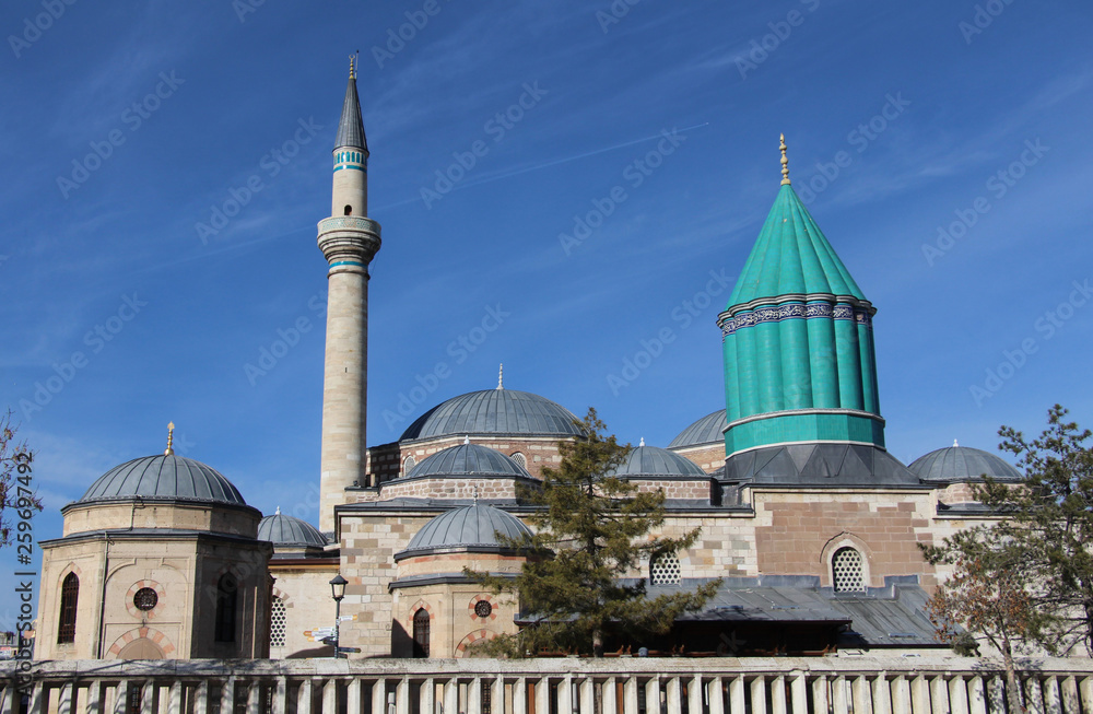 The Mevlana Museum in Konya city, Turkey, which is the location of the tomb of Rumi, the Islamic scholar and poet of the 13th century.