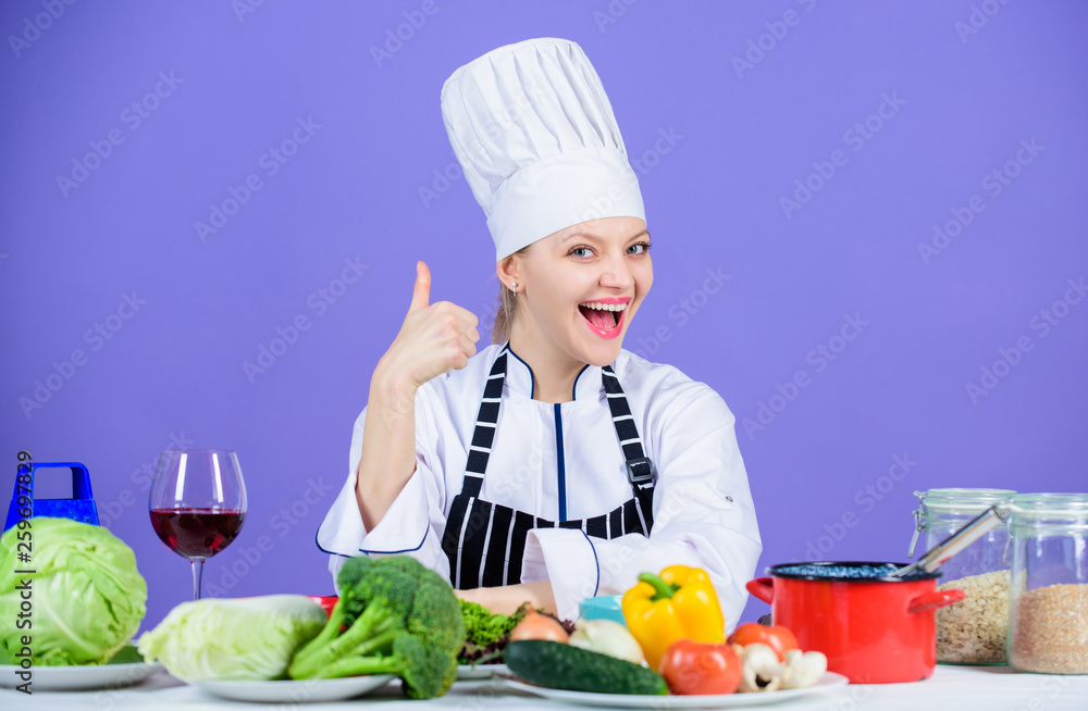 Turn ingredients into delicious meal. Culinary skills. Woman chef wear hat apron near table ingredients. Girl adorable chef teach culinary. Best culinary recipes to try at home. Perfect recipe Turn ingredients into delicious meal. Culinary skills. Woman chef wear hat apron near table ingredients. Girl adorable chef teach culinary. Best culinary recipes to try at home. Perfect recipe