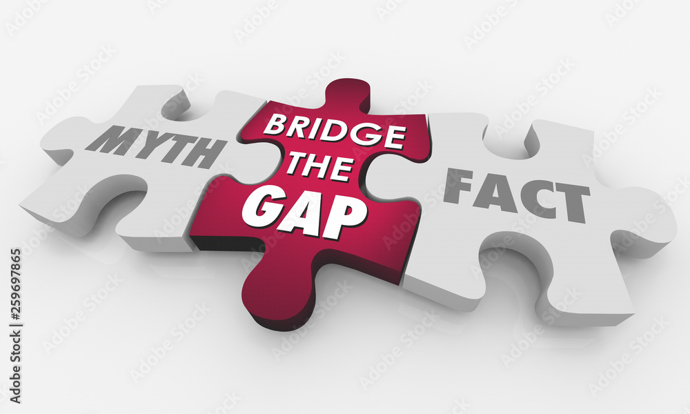 Myth Vs Fact Bridge the Gap Puzzle Words 3d Illustration