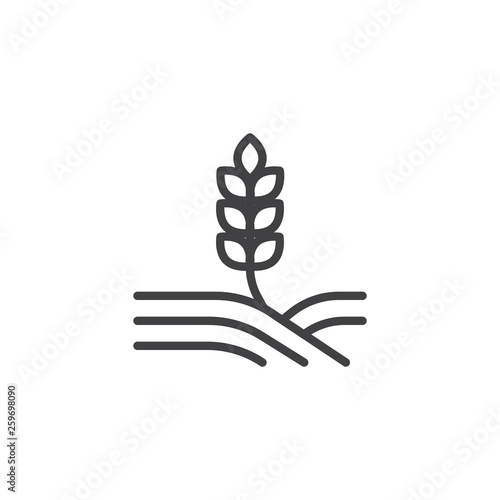 Wheat field line icon. linear style sign for mobile concept and web design. Ear of wheat growing in the field outline vector icon. Agriculture symbol, logo illustration. Pixel perfect vector graphics