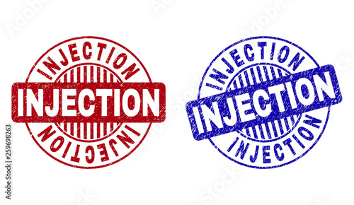 Grunge INJECTION round stamp seals isolated on a white background. Round seals with grunge texture in red and blue colors. Vector rubber imprint of INJECTION tag inside circle form with stripes.