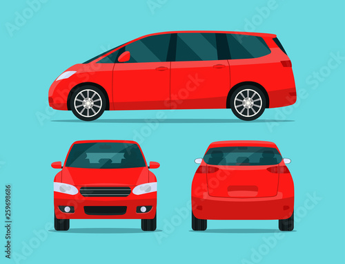 Red minivan isolated. Minivan with side view, back view and front view. Vector flat style illustration.