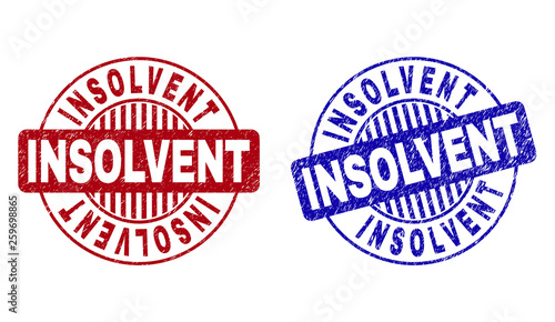 Grunge INSOLVENT round stamp seals isolated on a white background. Round seals with grunge texture in red and blue colors. Vector rubber overlay of INSOLVENT label inside circle form with stripes.