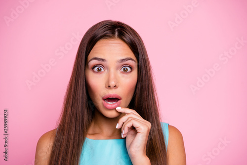 What oops Close up photo of astonished confused charming cute millennnial lady cant believe open mouth touch lips by finger wearing bright outfit isolated on pastel background