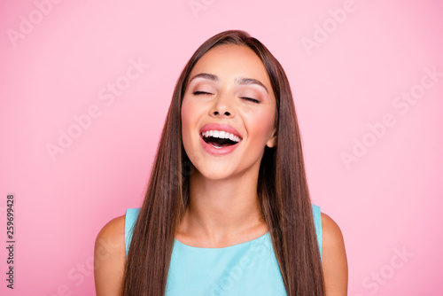 Close up photo of charming nice youngster model having makeup closing eyes opening mouth blue-sky thinking about future dressed in colorful clothing isolated on pastel background