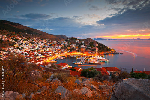Evening view of Hydra town and its harbour.