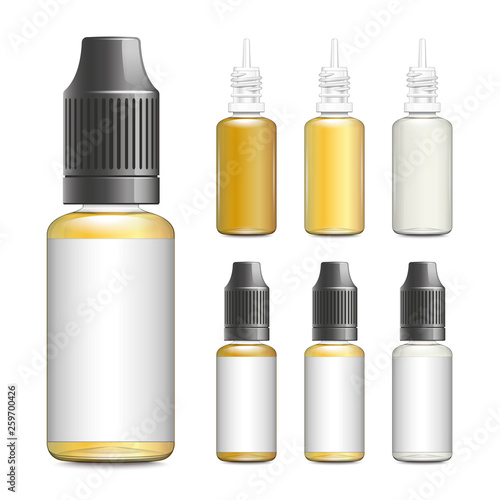 Realistic vector illustration of plastic bottles of e-liquid for vaping, with neutral empty label. isolated on white background.