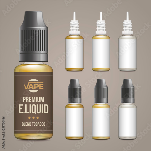 Realistic vector illustration of plastic bottles of e-liquid for vaping. Template for e-liquid label