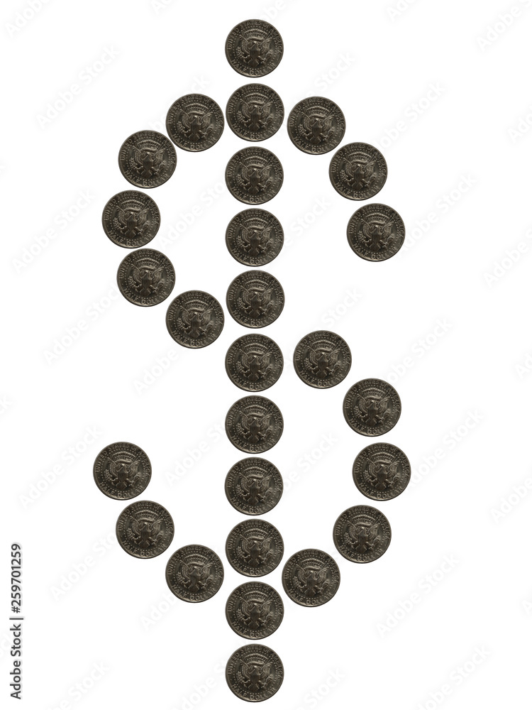 A dollar sign made of USA half dollar coins isolated on white A dollar sign made of USA half dollar coins isolated on white