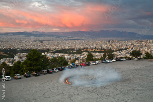 Drifting in a parking place on Lycabettus Hill in Athens, Greece. photo