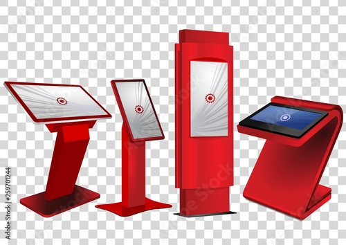 Four Red Promotional Interactive Information Kiosk, Advertising Display, Terminal Stand, Touch Screen Display isolated on transparent background. Mock Up Template.