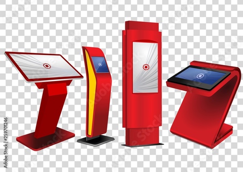 Four Red Promotional Interactive Information Kiosk, Advertising Display, Terminal Stand, Touch Screen Display isolated on transparent background. Mock Up Template.