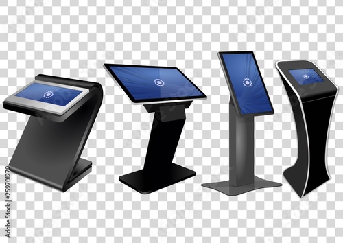 Four Promotional Interactive Information Kiosk, Advertising Display, Terminal Stand, Touch Screen Display isolated on transparent background. Mock Up Template.