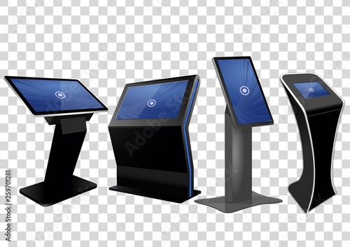 Four Promotional Interactive Information Kiosk, Advertising Display, Terminal Stand, Touch Screen Display isolated on transparent background. Mock Up Template.