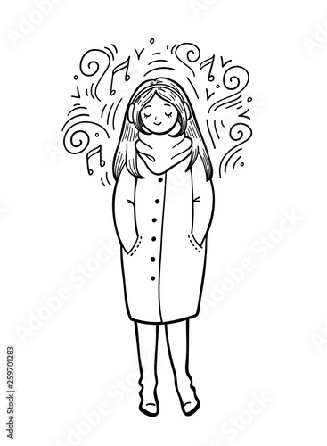 Girl in trendy style on white background. Girl in a coat, scarf and boots is listening to music. Cute cartoon character.