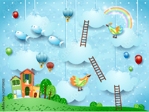 Surreal landscape with village, stairways, balloons, birds and flying fishes