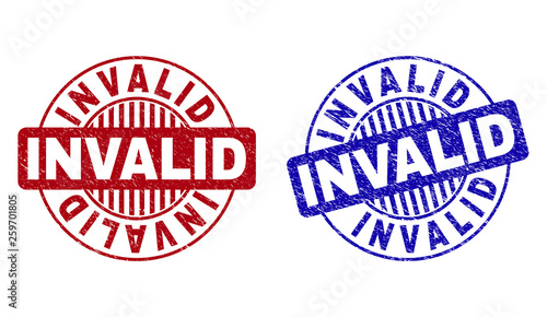 Grunge INVALID round stamp seals isolated on a white background. Round seals with grunge texture in red and blue colors. Vector rubber imitation of INVALID tag inside circle form with stripes.