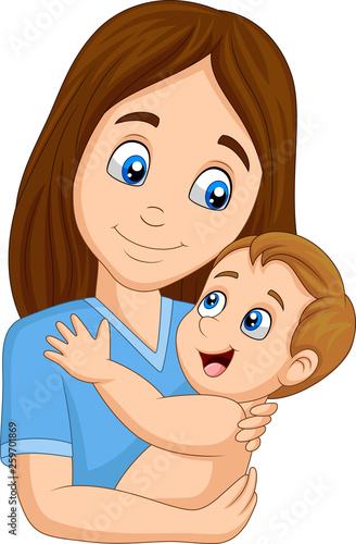 Cartoon happy mother hugging her baby