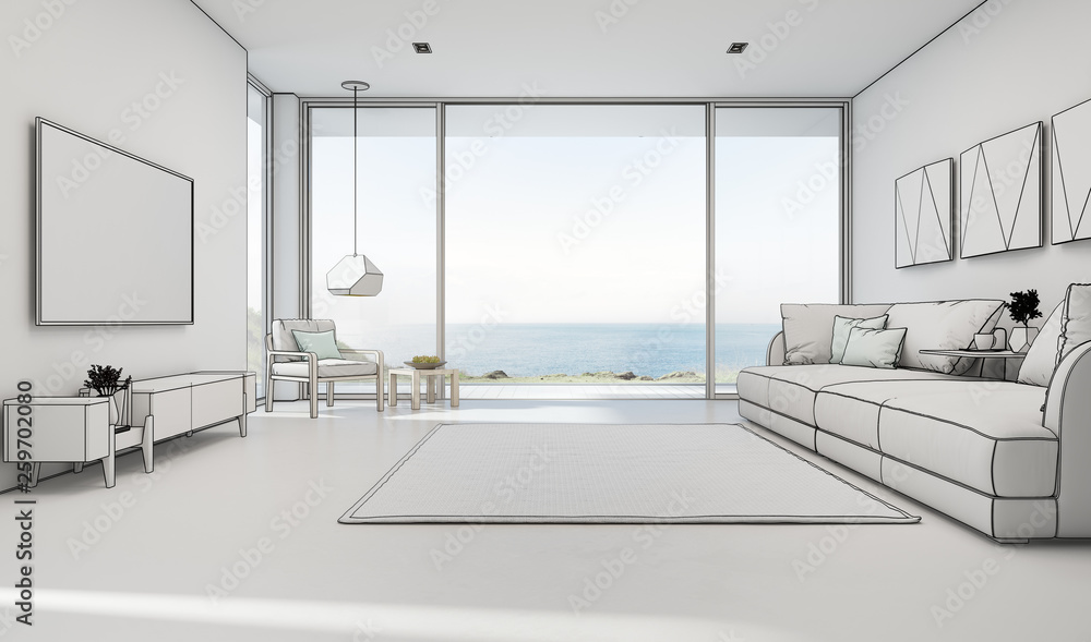 Sea view living room of luxury summer beach house with large glass door and  wooden terrace.