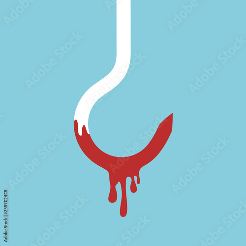 Bloody slaughter hook in slaughterhouse - bloodstained tool and eqipment for butcher. Vector illustration