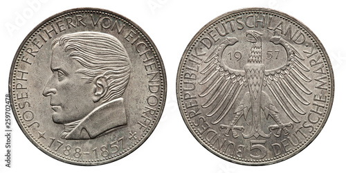 Germany 5 mark silver coin Eichendorff 1957, obverse Eichendorff, reverse eagle