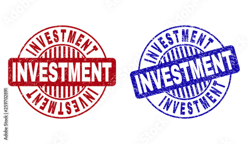 Grunge INVESTMENT round stamp seals isolated on a white background. Round seals with grunge texture in red and blue colors. Vector rubber imprint of INVESTMENT text inside circle form with stripes.